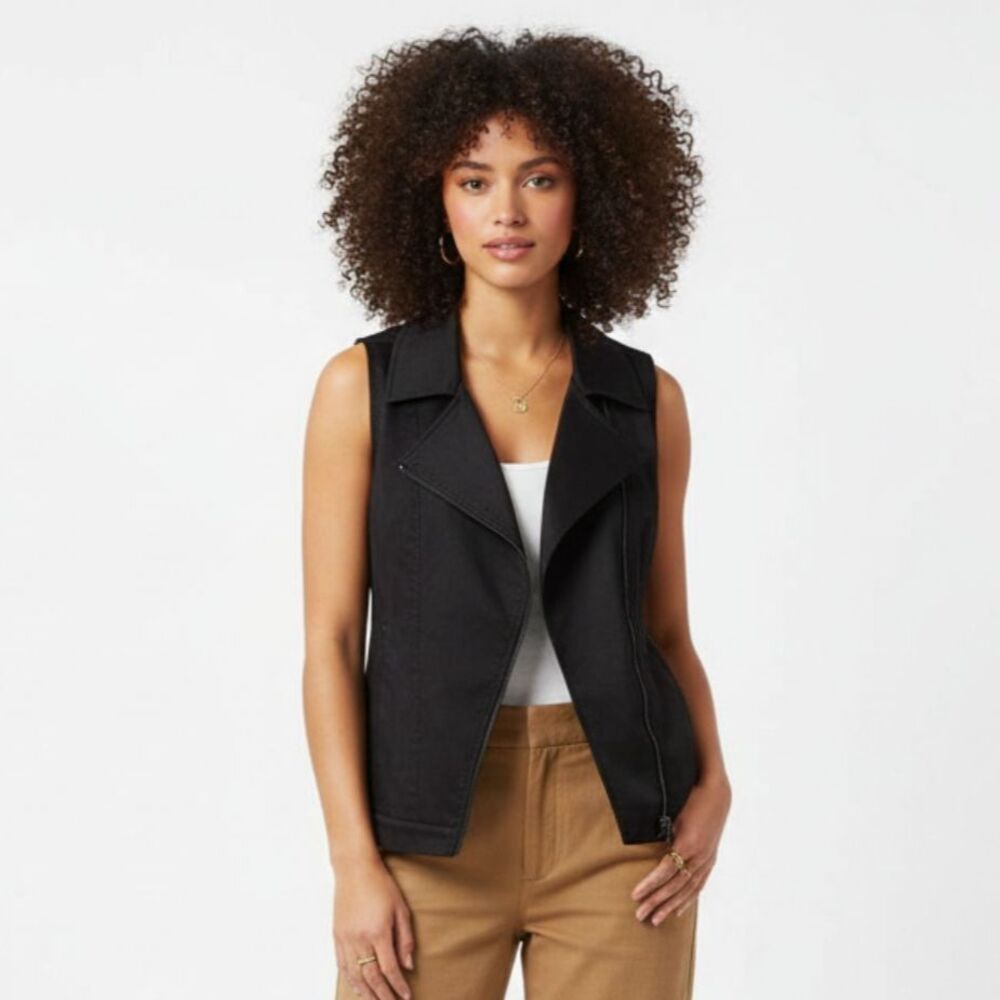 Eileen Fisher Black Sleeveless Cotton Blend Jean Zip Up Vest XS